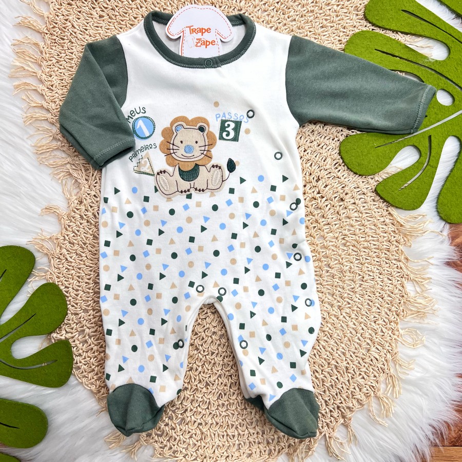 Macacão Malha Trape Zape - Primeiros Passos - Off White e Verde Militar